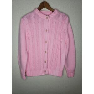 VTG 60s Cardigan Sweater Pink Large 100% Virgin Acrylic Hand Loomed Cable Knit